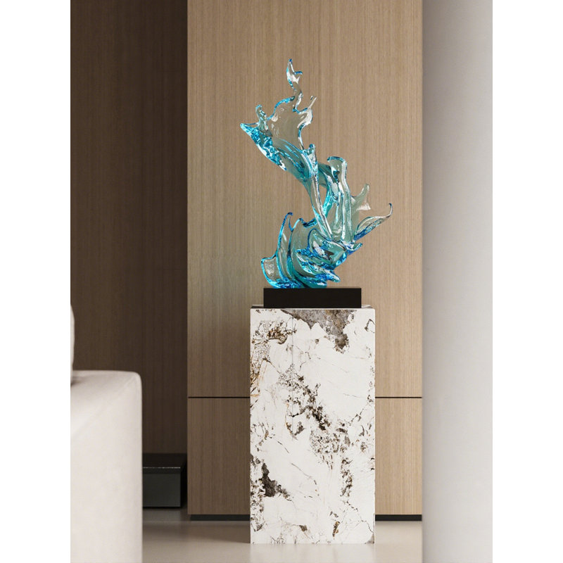Décoration de sculpture abstraite transparente en fibre de verre et base en marbre, Bleu / Transparent