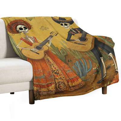 Skeletons Playing Guitars Desert Landscape Luxury Flannel Throw Blanket, Soft Warm Fuzzy Blanket for Living Room Sofa Bed Home Decor
