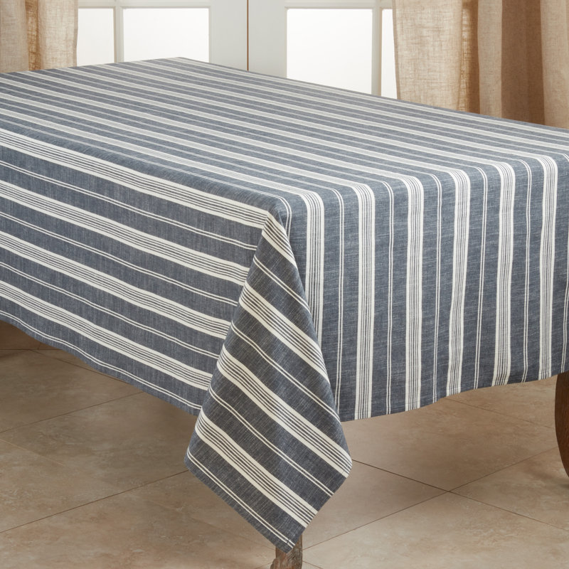 Capel Striped 100% Cotton Machine Washable Tablecloth, 140" x 65", Navy Blue