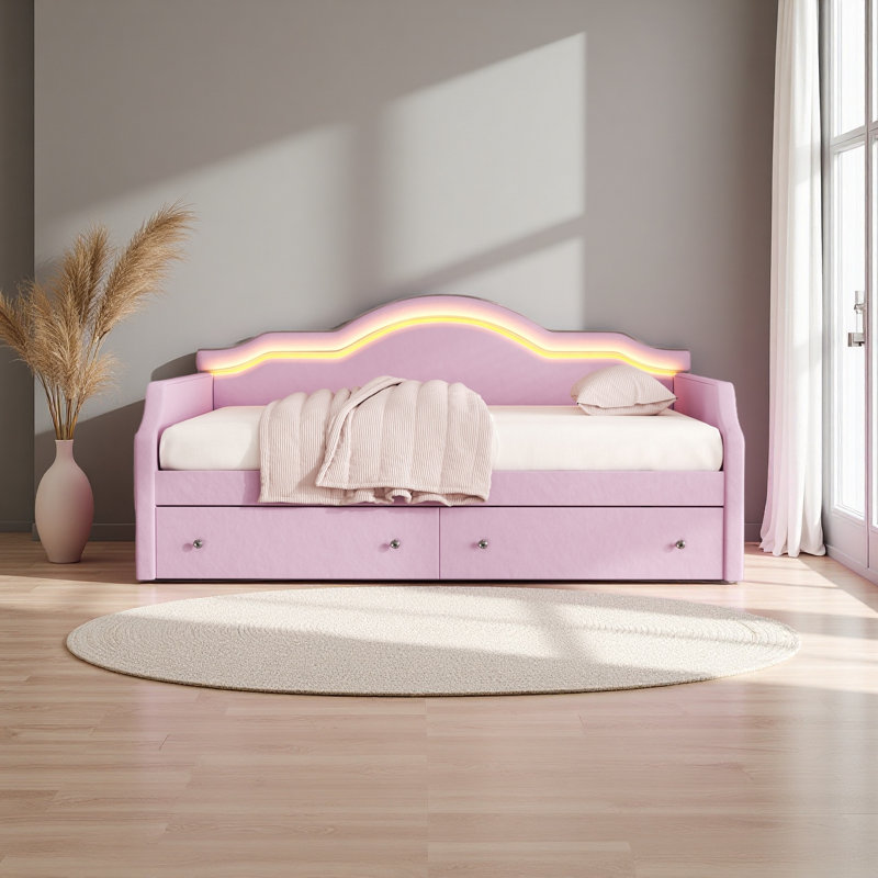 Upholstered Daybed With LED And 2 Drawers, Full/Double, Pink