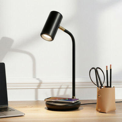 Ezra 16.5" Modern LED Desk Lamp with Black Finish, Wireless Charging Pad, Adjustable Head, and 3-Way Dimming