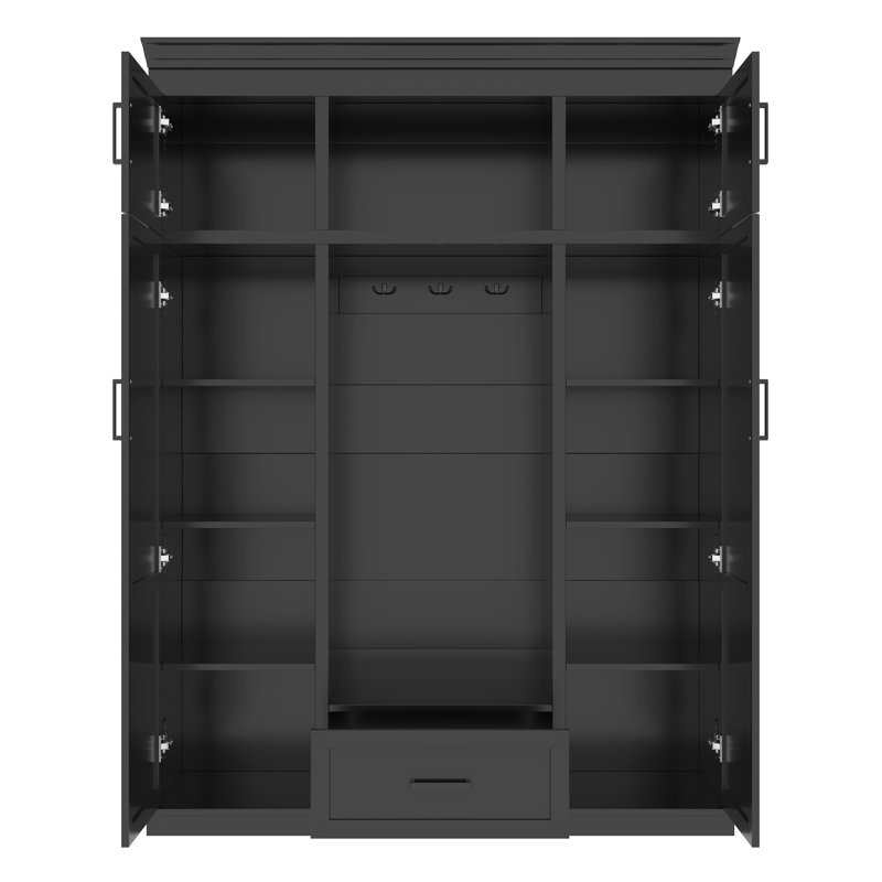 Arbre d'entrée 85,2 po avec banc et 3 crochets, armoire de rangement moderne avec 4 portes, 1 tiroir et tablettes réglables pour le couloir, le vestibule et le salon