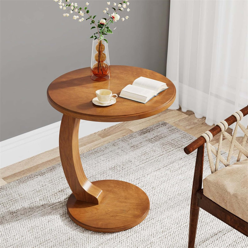 Table de bout ronde 18,9 po en forme de C, petit canapé, table d'appoint pour le salon ou la chambre à coucher, table de chevet rétro Boho avec placage en bois massif, imperméable et résistante aux égratignures, rétro