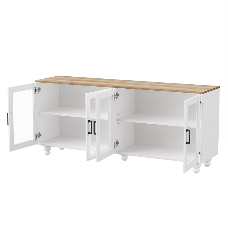 Farmhouse TV Stand With Tempered Glass Doors For Tvs Up To 70", Versatile Sideboard With Adjustable Shelves, Elegant Buffet Cabinet With 5 Solid Wood Gourd-Shaped Legs For Living Room, White