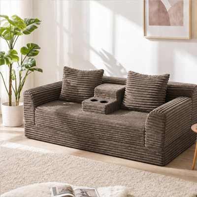 72" Striped Corduroy Convertible Sofa Bed, Fold Out Dual-Use Lounge Couch with Built-in Cup Holders and Pillows, Space Saving Furniture for Apartment Living Room Guest Room