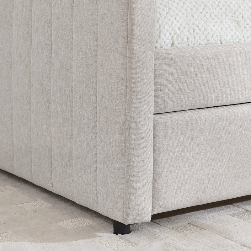 Daybed with trundle - upholstered sofa bed, vertical stripes, linen fabric, Beige, Full