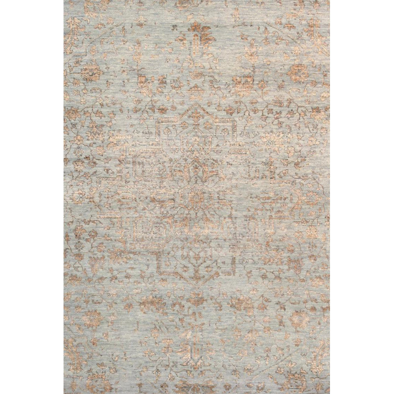 Tapis bleu / gris en laine et en coton noué à la main 8 pi 1 po x 9 pi 11 po Damask