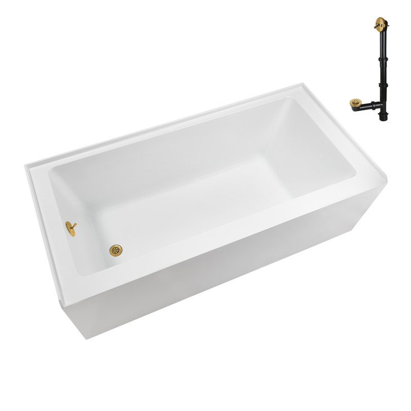 Baignoire en alcôve en acrylique blanc brillant avec drain extérieur 66 po x 32 po Streamline, Or brossé