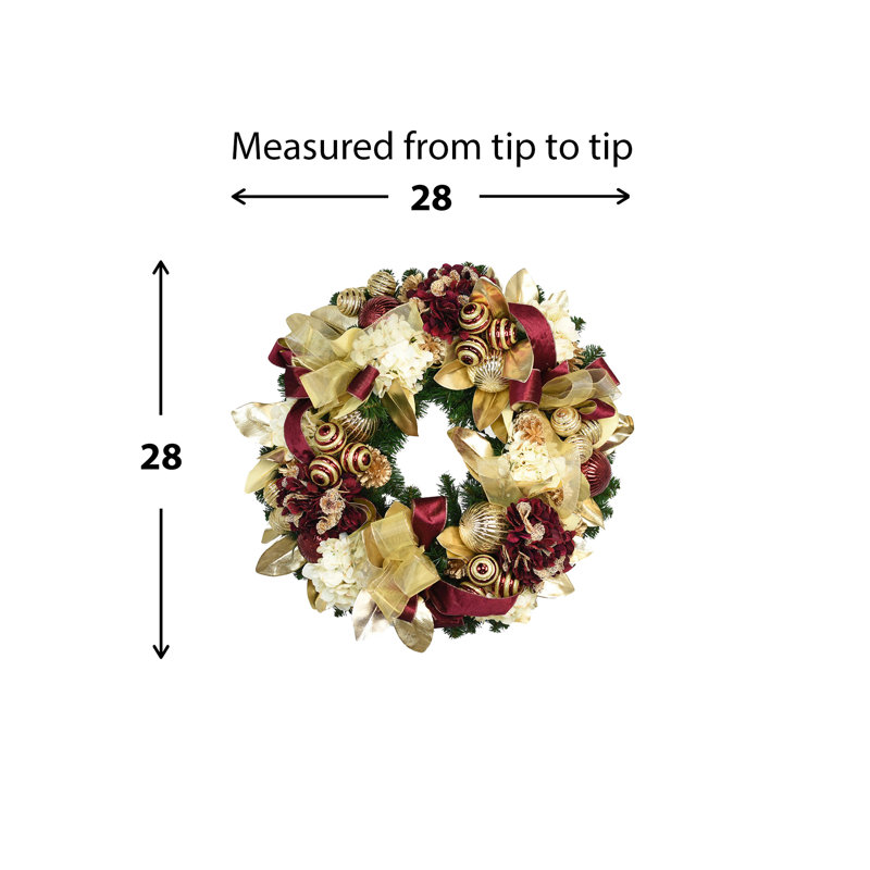28'''' Wreath With Magnolia Leaves, Hydrangeas, Pinecones, Ornaments And Ribbon