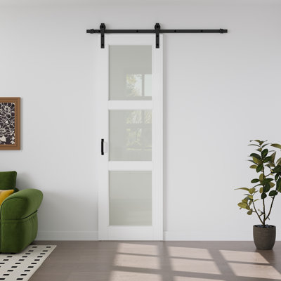  𝗡𝗼 𝗔𝘀𝘀𝗲𝗺𝗯𝗹𝘆 𝗥𝗲𝗾𝘂𝗶𝗿𝗲𝗱, 3-Lite Frosted Glass Barn Door Sliding Solid + Manufactured Wood Closet Pantry Doors with Installation Hardware Kit 
