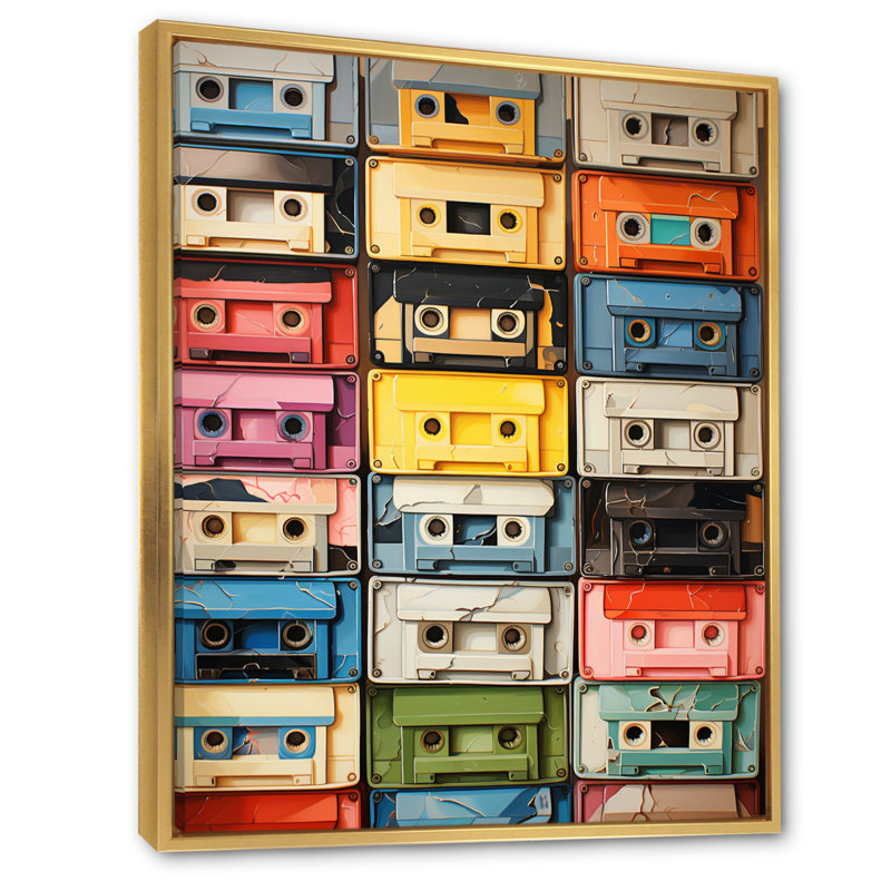 Art mural rétro sur toile, Pop Art Cassette, Popart Cassette Tapes X, H 20 po x l 12 po x P 1 po, Cadre flottant doré
