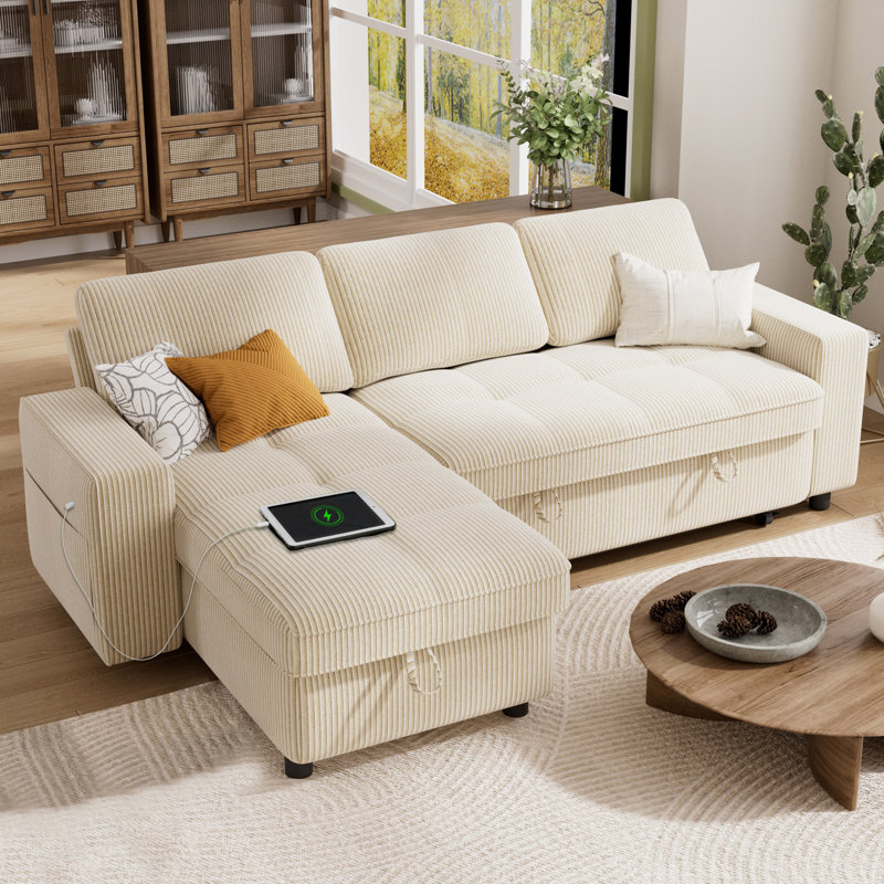Multifunctional Sectional Sleeper Sofa With Usb/Type-C Charging, 5-Position Recline, Tool-Free Assembly, Corduroy Fabric With Washable Covers-L Shape Sofa