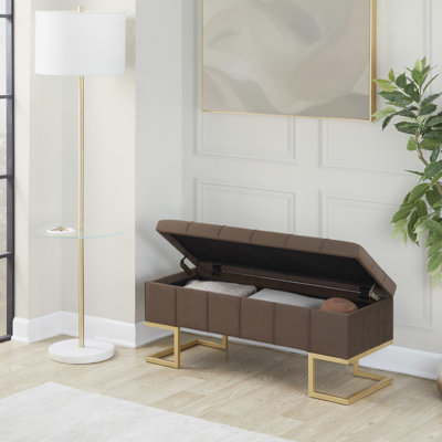 Glamour, velours brun, banc de rangement, structure en acier doré, revêtement capitonné, pieds en métal, couvercle rabattable, siège double, intérieur seulement, banc contemporain élégant en velours de 500 lb avec
