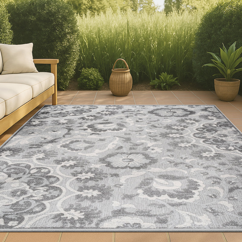 Isbell Modern Medallion High-Low Light Gray/Ivory Indoor/Outdoor Rug, Rectangle 7'9" x 10'