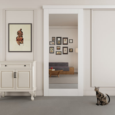 80" Hidden Style Track White Primed 1-Lite Glass Mirrored Sliding Barn Door With Hardware Kit with Round Handle(No Assembly Required)