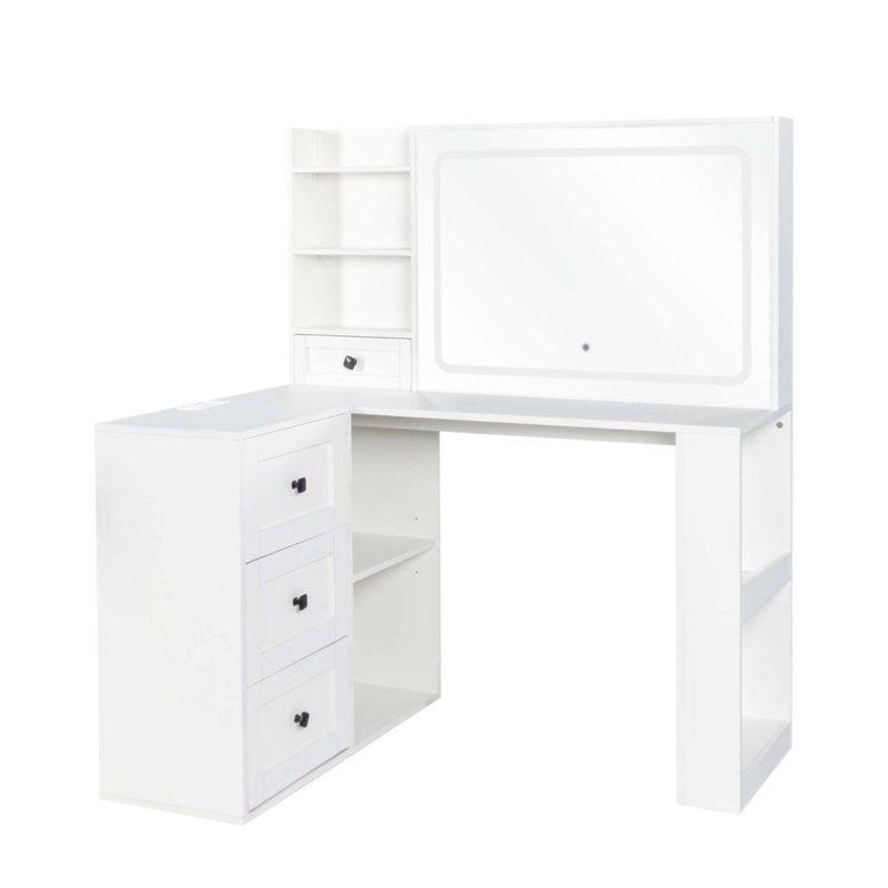 Élégant meuble-lavabo avec lumières DEL réglables et multiprise, 3 grands tiroirs, parfait pour le maquillage et le rangement