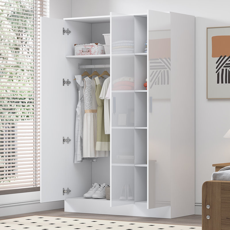 Eva High Gloss Plain 3 Door Wardrobe - H: 180cm x D: 47cm x W: 113cm, Matte White/Gloss White