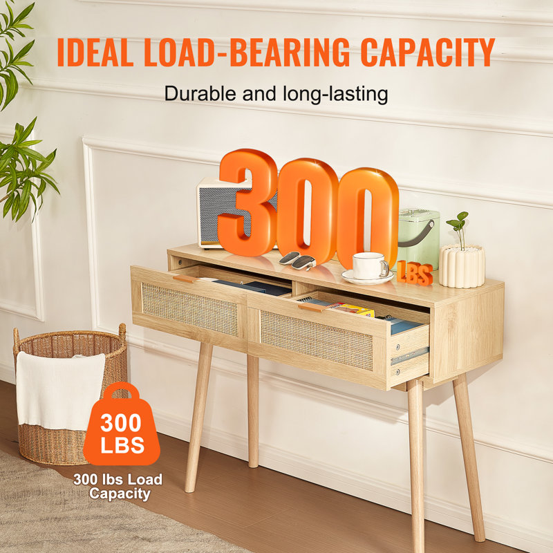 Natural Oak and Rattan Console Table with Storage Drawers