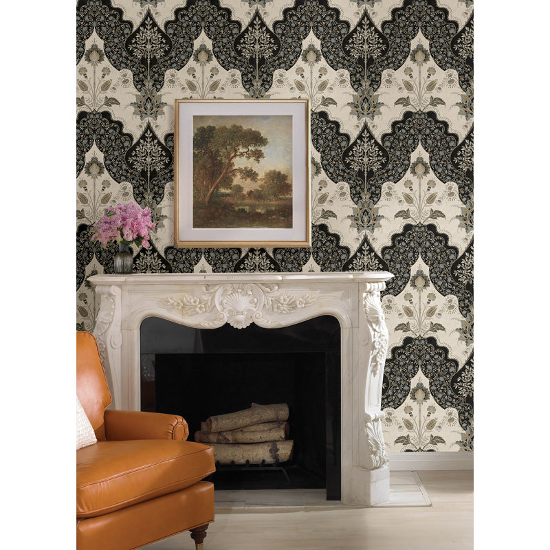 Auden Green Floral Grandeur Wallpaper, Black