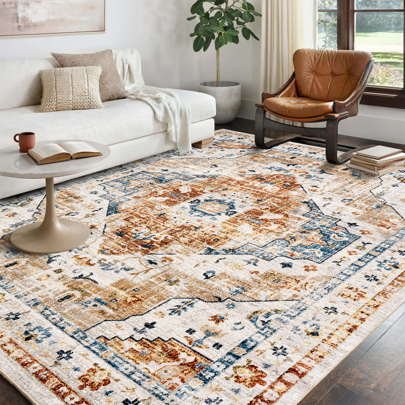Medallion Foldable Washable Area Rug – Yellow/Blue, Rectangle 7' x 10'