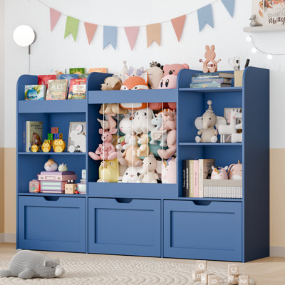 41.3''H Toys Storage Organizer with Kids Bookcases, Stuffed Animal Storage, 3 Movable Drawers, 4 Cube Storage Cabinet and 3-tier Bookshelf for Playrooms, Bedroom, Navy Blue