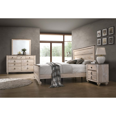 Ensemble de chambre à coucher 4 pièces avec très grand lit au fini blanc délavé Imerland - commode, miroir et table de chevet