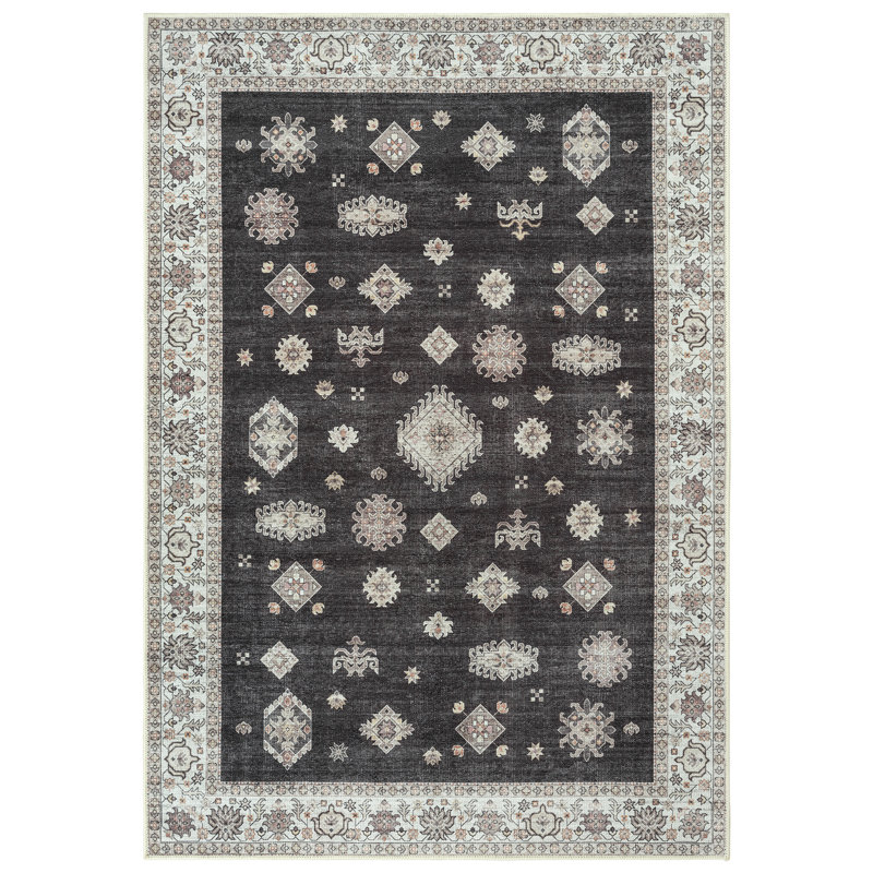 Tapis oriental noir / ivoire lavable antidérapant, Rectangle 4pi x 6 pi