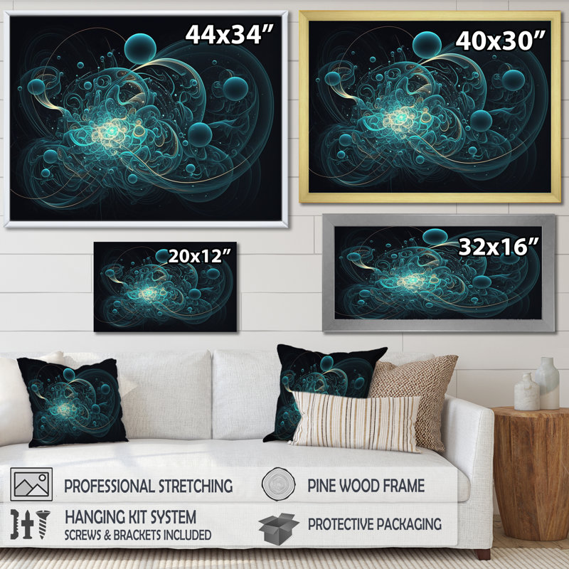 «Turquoise Galactic Superstring Space Harmony», reproduction sur toile, H 16 po x l 32 po x P 1 po, Cadre simple noir
