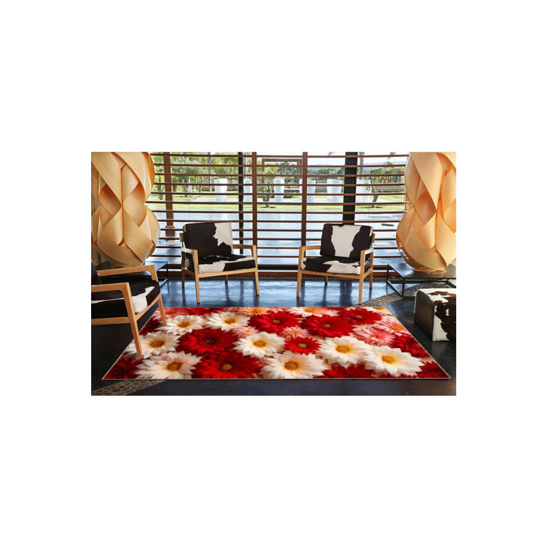 Floral Red White Blooming Flower Patterned Decorative And Woven Base Washable Carpet, Round 5'