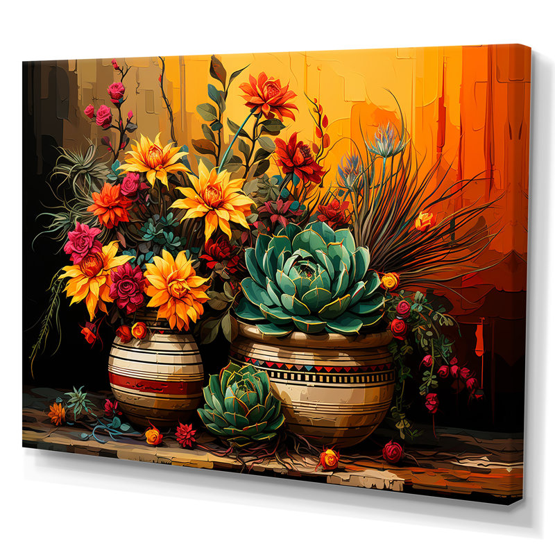 Boho, poterie florale mexicaine, Toile tendue, H 30 po x l 40 po x P 1,5 po