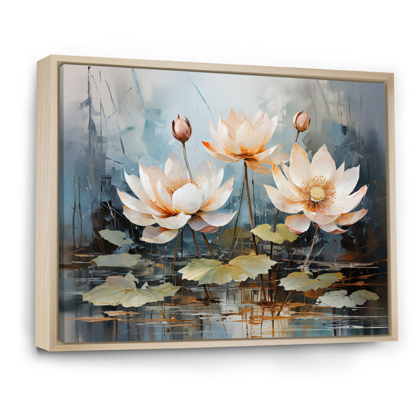 Fleurs de lotus en harmonie orageuse I sur toile, Cadre naturel flottant, H 12 po x l 20 po