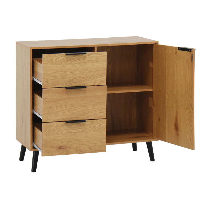 Armoire de rangement pratique avec trois tiroirs et une tablette réglable, design Mid-Century pour organiser votre espace de vie
