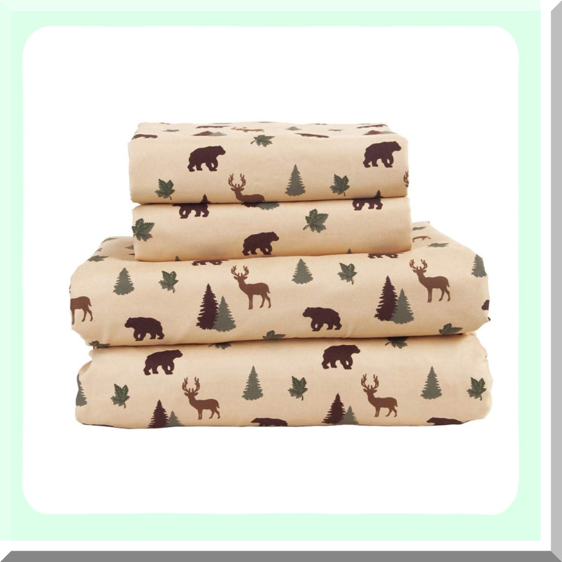 Rustic Patchwork Plaid Deer Full Bedding Set - Cozy Cabin 4-Piece Sheet Set with Deep Pockets in Green - Home Accents