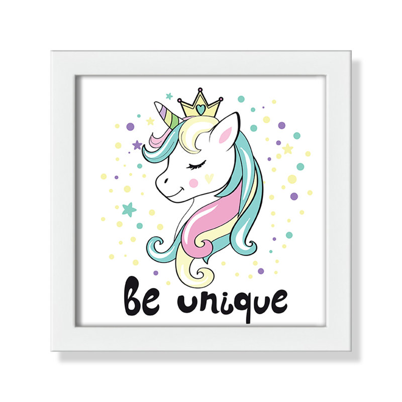 «Be Unique», impression sur papier licorne, H 8 po x l 8 po x P 1,18 po, Encadré de boîte noir