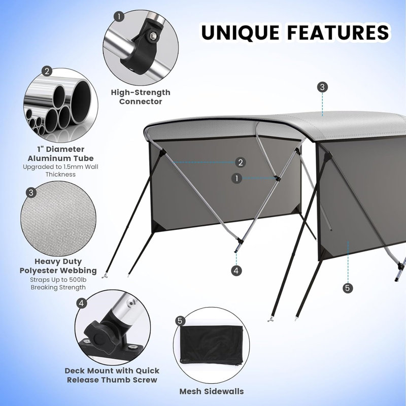 3 Bow Bimini Top for Boats - Marine Grade 600D Waterproof Canvas with PU Coating, 2 Removable Mesh Side Curtains, Rear Support Poles - Light Grey with Side Curtains, 6'L x 46"H x 73"-78"W