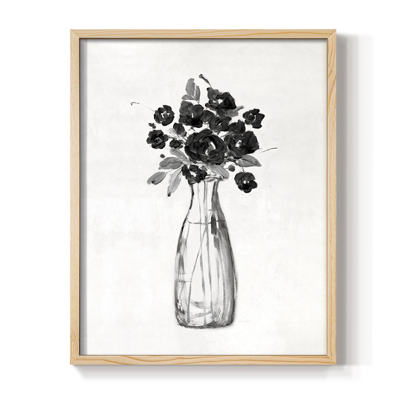 Impression encadrée florale noire et blanche II - bois massif, H 11 po x l 9 po