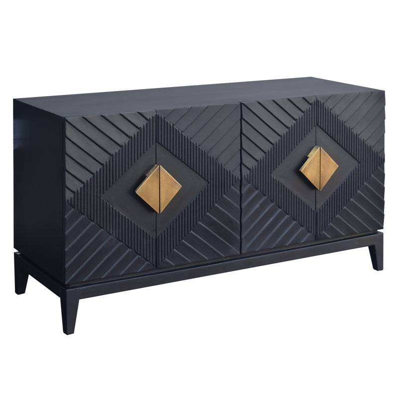 Jarae 55 Inch Sideboard Buffet Console with 2 Door Cabinet, Brass Coated Diamond Cut Handles