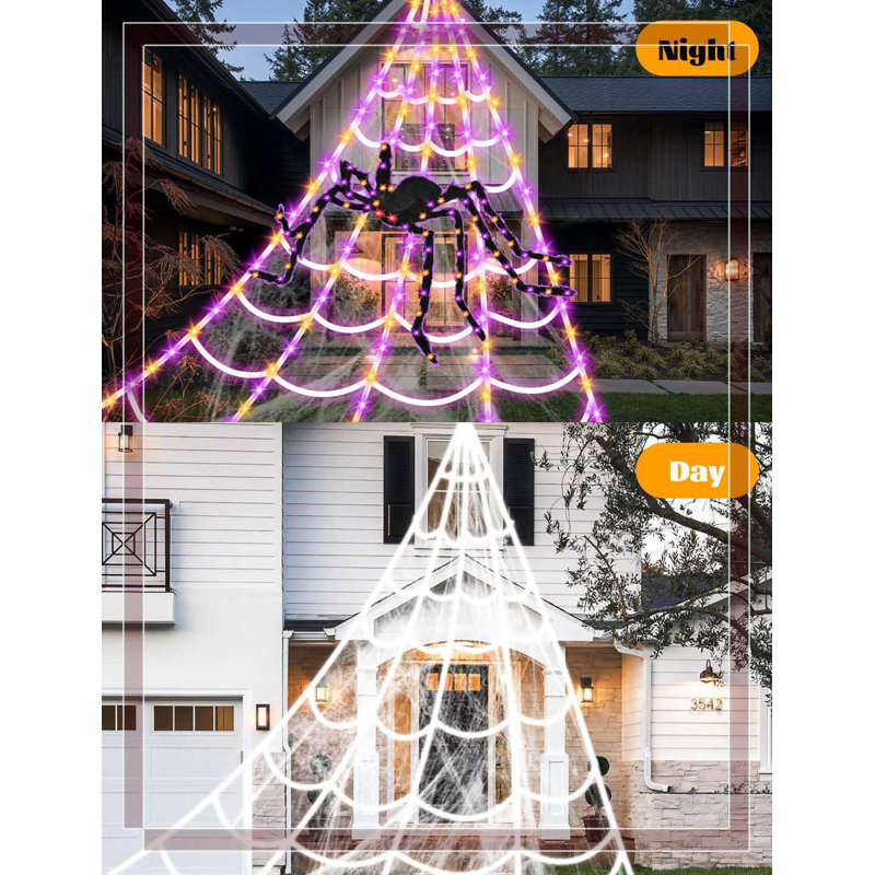 Lumières décoratives d'Halloween en toile d'araignée - 250 lumières ultra-lumineuses (lueur bidirectionnelle), 8 modes et minuterie, cordon en plastique durable à brancher pour la décoration extérieure