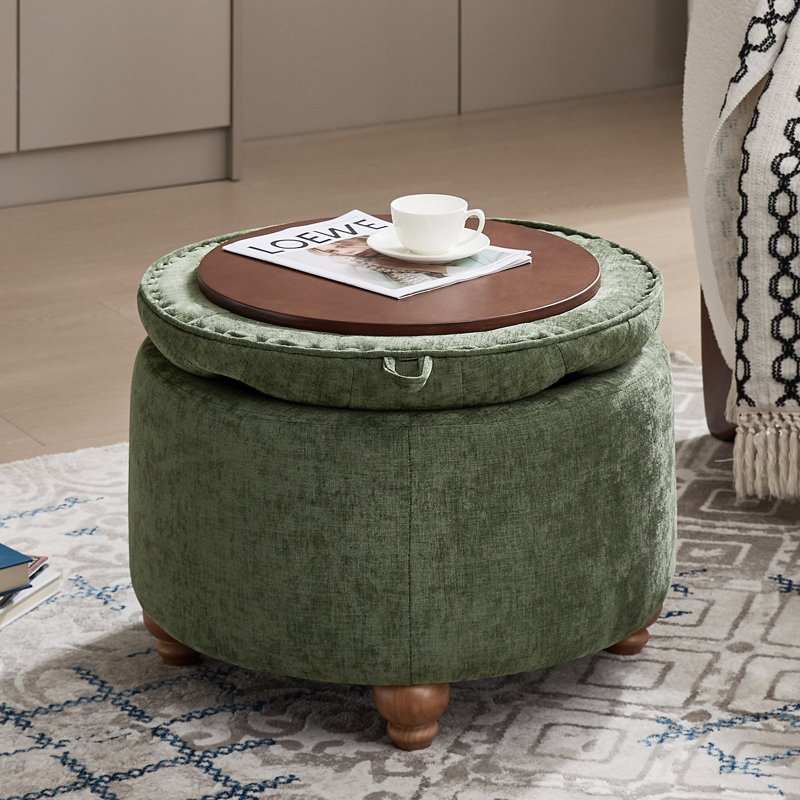 Repose-pieds capitonné rond de 24 po avec rangement capitonné, Chenille verte