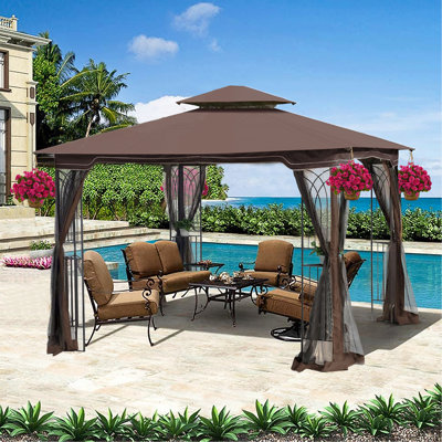 MÊME AS W41940786 - Tente de pavillon d'extérieur 10 x 10 po avec double toit ventilé et moustiquaire (moustiquaire amovible sur tous les côtés), convient pour la pelouse, le jardin, la cour et la terrasse, toit brun