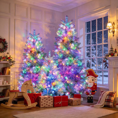 Ensemble de 3 sapins de Noël artificiels pré-illuminés argentés, sapins articulés de 1,20 m, 1,80 m et 2,25 m, 2 400 extrémités de branches, 850 lumières DEL multicolores avec 11 modes d'éclairage, décoration de Noël intérieure et extérieure pour la maison, le bureau ou l'école.