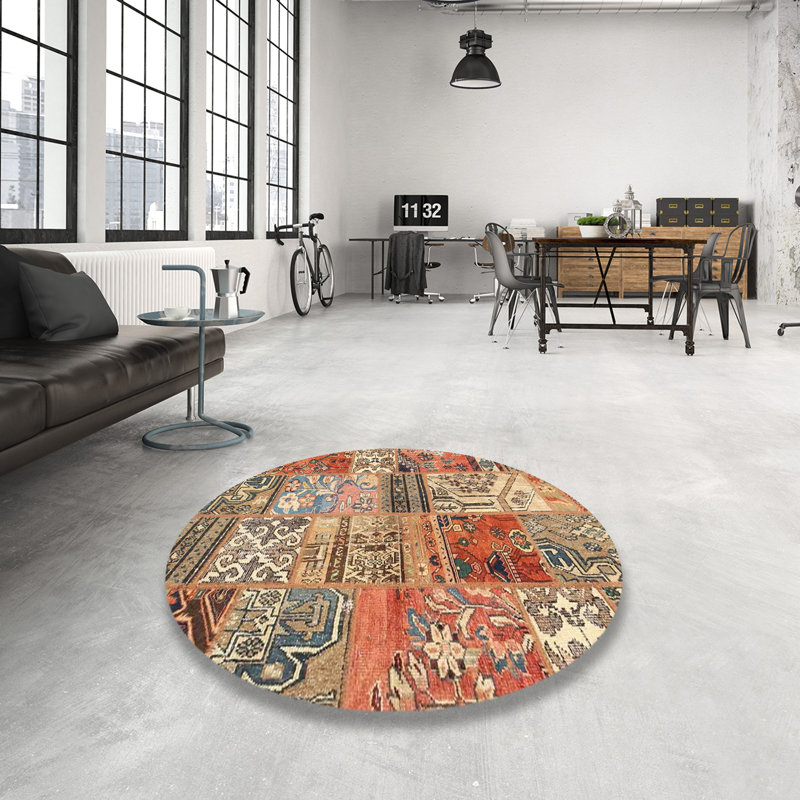 Tapis brun/orange/bleu zone contemporaine, Rond 4 pi