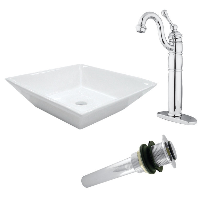 Lavabo vasque carré en céramique avec robinet et drain Kingston, Chrome poli