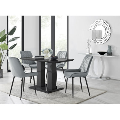Edzard Double Pedestal High Gloss Dining Table Set with 4 Luxury Velvet Dining Chairs