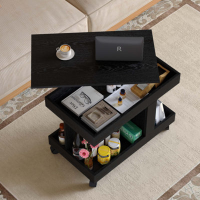 Petite table basse avec roulettes, table d'appoint multifonctionnelle rotative à 360 °, table de bout roulante avec compartiment de rangement, table de chevet mobile pour le salon, la chambre et le mobilier de maison