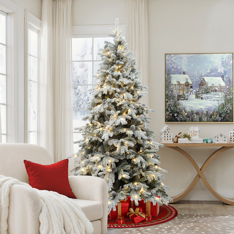 6Ft Pre-Lit Flocked Artificial Pine Christmas Tree with Pinecones