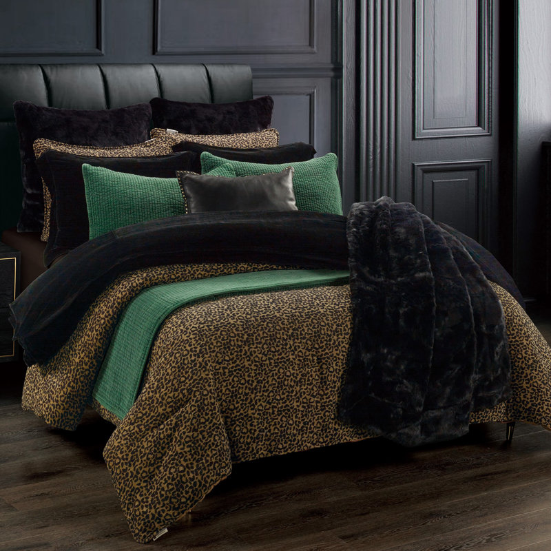 Adrienne Gold Black Leopard Print Chenille Fabric Classic Modern Rustic Comforter Set, King Comforter + 2 Pillowcases