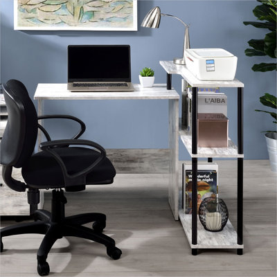 Bureau d'écriture blanc antique avec tablette latérale, base en métal de couleur noire et plateau rectangulaire en panneau de particules, largeur de 39 pouces