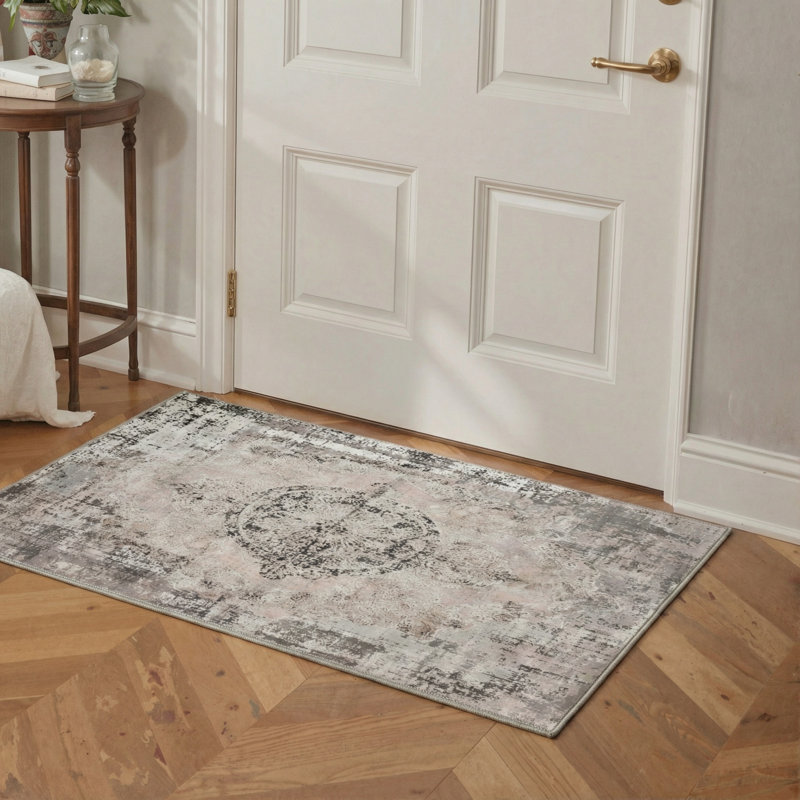 Combs Modern Abstract Distressed Medallion Machine Washable Grey / Pink Indoor Area Rug with Non-Slip Backing