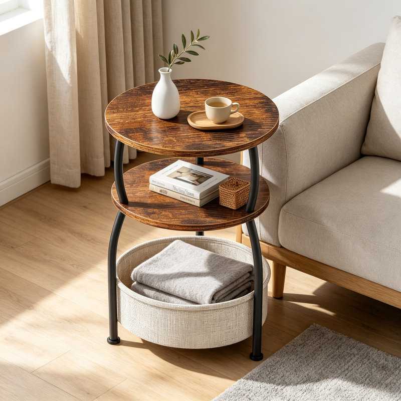 Table d'appoint ronde avec panier de rangement, petite table de bout compacte de 15,75 po, table de chevet à 3 niveaux pour le salon, la chambre à coucher, le jardin et le canapé